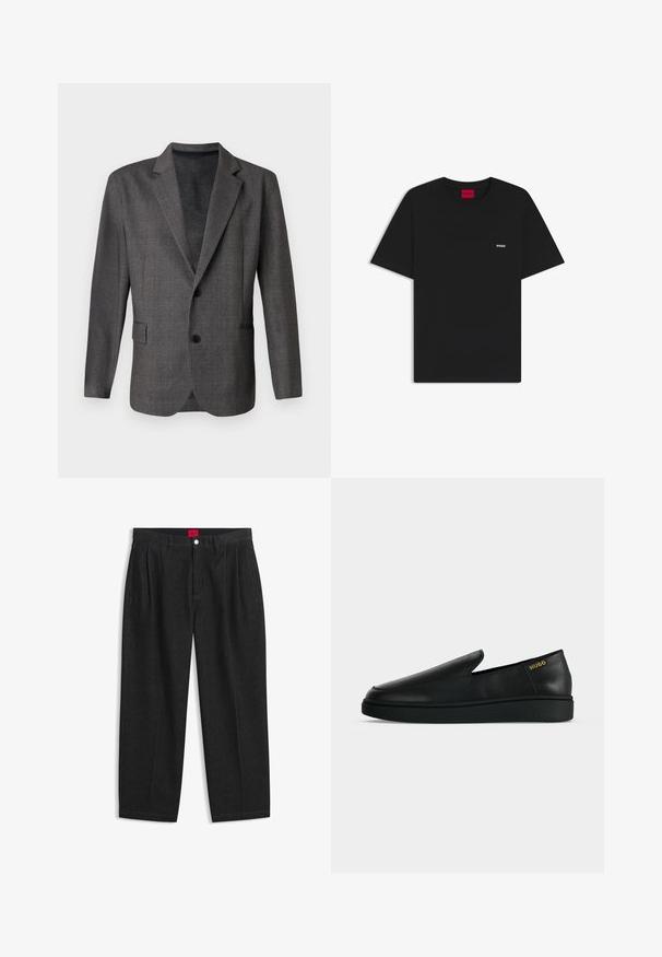 Grijze blazer met een gestructureerd patroon, notch revers, twee knopen en een voorkant zak. Gemaakt van een gladde stof, getailleerde pasvorm.; Zwart T-shirt met korte mouwen en een klein wit "HUGO" logo op de linkerborst, met een rood "HUGO" label aan de binnenkant van de kraag.; Zwarte hoge taille broek met plooien aan de voorkant, ceintuurlussen, een knoop- en ritsluiting, en een rood label aan de binnenkant van de tailleband.; Enkele zwarte leren instapschoen met dikke zool en goudkleurige "HUGO"-branding nabij de hiel op een effen lichtgrijze achtergrond.