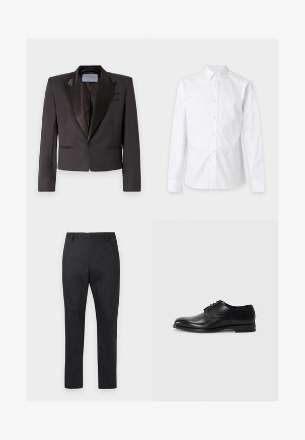 Sort tuxedo jakke lavet af glat stof med satin-klap, en enkelt knaplukning og dobbelt frontlommer. Strukturerede skuldre og cropped pasform.; Hvid langærmet skjorte med knapper, krave og manchetter, vist fladt mod en ensfarvet lys baggrund.; Sorte bukser med elastisk talje, tapered ben og et glat bomuldsblandingsstof. Minimalistisk design uden yderligere mønstre.; Sorte læderherresko med rund tå, snørebåndsdesign, glat overflade og en lavprofil gummisål. Minimal syning detaljer.