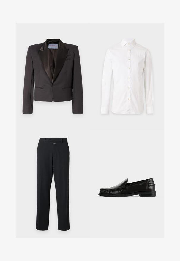 Veste de smoking noire en tissu lisse avec des revers en satin, fermeture à un seul bouton et poches avant doubles. Épaules structurées et coupe courte.; Chemise blanche à manches longues avec boutons et col, présentée sur un fond clair uni.; Pantalon noir à coupe droite, en tissu lisse. Il présente une fermeture à bouton à l'avant et des détails de couture subtils. Conception simple sans motifs.; Mocassin en cuir noir à enfiler avec des détails tressés sur les côtés et un petit talon sur fond blanc uni.