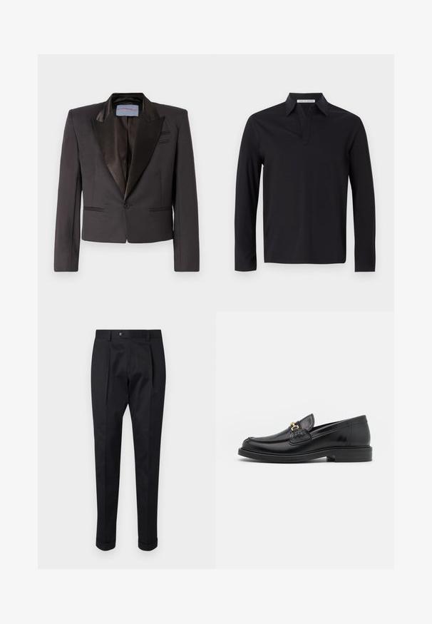 Veste de smoking noire en tissu lisse avec des revers en satin, fermeture à un seul bouton et poches avant doubles. Épaules structurées et coupe courte.; Tiger of Sweden TRUANE - T-shirt à manches longues - black; Pantalons noirs en tissu lisse, avec un pli à l'avant, une fermeture à bouton et des ourlets roulés à la cheville.; Mocassins en cuir noir avec un embout rond, présentant des accents en métal doré et des détails de couture, montés sur une semelle en caoutchouc texturé et basse.