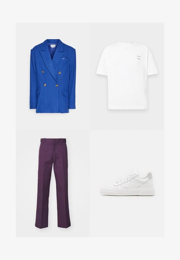 Blazer bleu à double boutonnage avec des boutons dorés, des revers crantés et deux poches avant. Présente une doublure intérieure et une poche poitrine avec un accent bleu.; T-shirt blanc en coton avec une coupe décontractée, des manches courtes et un col en V. Présente deux petits logos noirs imprimés sur le côté gauche.; Pantalons larges violets en tissu coton robuste, dotés d'une taille plate, de passants de ceinture et de plis tailleur pour un look structuré.; Des baskets en cuir blanc avec une finition lisse, un bout rond, des lacets plats et une semelle texturée. Accents en daim gris au niveau du talon.