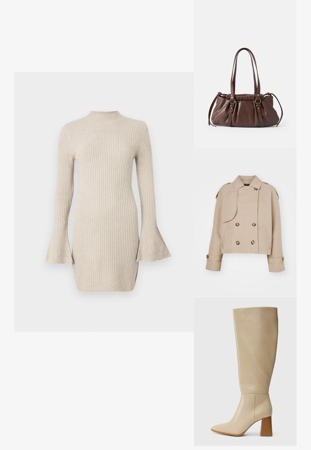 Manteau trench court beige avec un devant croisé, de grands boutons ronds, des épaulettes et deux poches latérales. Tissu lisse et léger.; Robe en maille côtelée beige clair, dotée d'un col montant et de manches évasées avec des poignets à motifs. Silhouette moulante.; Botte en cuir beige haute jusqu'au genou avec un bout pointu, un talon bloc texturé et une surface lisse. Détail de couture à la cheville et en haut de la tige.; Sac à main en cuir brun avec deux longues poignées, design froncé, accents en métal doré et finition texturée.
