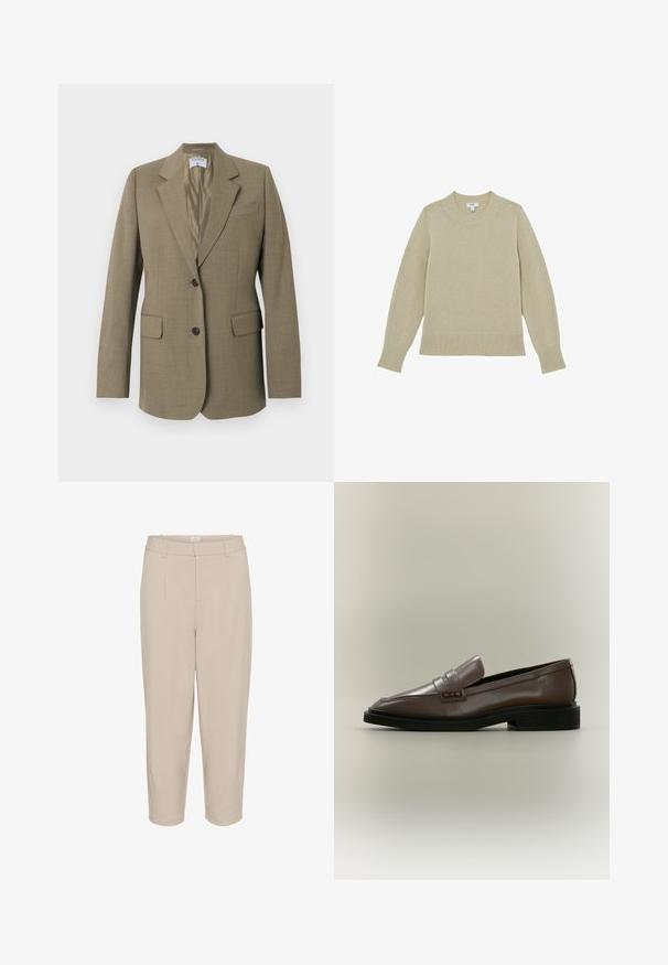 Hellbrauner einreihiger Blazer mit Reverskragen, zwei vorderen Pattentaschen, Brusttasche und zwei schwarzen Knöpfen, gefüttertes Innenfutter.; Beige Strickpullover mit Rundhalsausschnitt, geripptem Saum und Bündchen. Leicht strukturiertes Gewebe mit gestickten Details entlang der Ärmel.; Beige cropped Hosen mit glatter Textur, vorderen Falten, zwei seitlichen Taschen und einem Bund. Gerades Bein-Design mit maßgeschneiderter Verarbeitung.; Brauner Leder-Slipper mit schwarzer Sohle und niedrigem Absatz, mit einem Riemendetail über dem Spann.