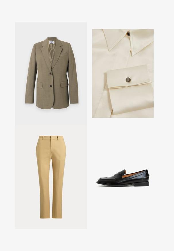 Hellbrauner einreihiger Blazer mit Reverskragen, zwei vorderen Pattentaschen, Brusttasche und zwei schwarzen Knöpfen, gefüttertes Innenfutter.; Cremefarbiges Satinhemd mit Spitzkragen, Knopfverschluss und einem Manschette mit einem schwarzen Knopfakzent. Glatte Textur und strukturiertes Design.; Beige gerade geschnittene Hose mit Gürtelschlaufen, vorderer Bügelfalte und einem schlichten Bund vor einem einfarbigen Hintergrund.; Schwarze Lederloafers mit einem eleganten Design, ausgestattet mit einem breiten Riemen über dem Vorderfuß, runder Zehenpartie und flacher Sohle. Glatte Textur mit minimaler Naht.