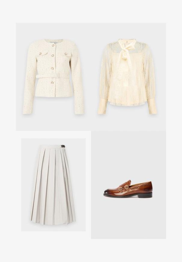 Veste en tweed crème avec boutons en perles, poches à rabat à l’avant, manches longues et ceinture assortie à la taille.; Blouse crème claire en dentelle avec un détail de nœud à nouer au col, manches longues transparentes et poignets boutonnés. Motif floral texturé sur toute la surface.; Longue jupe blanche plissée avec une fermeture latérale à boucle, présentée à plat sur un fond blanc.; Mocassins en cuir marron avec double boucle, bout arrondi, détails de couture et petit talon ; finition polie avec un marquage embossé sur le côté.