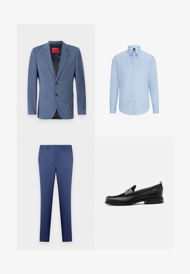 Blazer ajustado de color azul claro con cierre de dos botones, solapas con muesca y bolsillos laterales. Cuenta con un forro negro y una etiqueta de marca roja.; Camisa abotonada de manga larga, azul claro, con cuello clásico, hecha de una tela suave. Presenta botones blancos en la parte delantera y en los puños.; Pantalones de vestir para hombre en azul, ajustados, con trabillas para cinturón, cremallera en la parte delantera y detalles de plisado, exhibidos sobre un fondo blanco.; Mocasín de cuero negro con detalle de tira gris, tacón bajo y suela texturizada, con la marca "HUGO" en oro en el lateral.