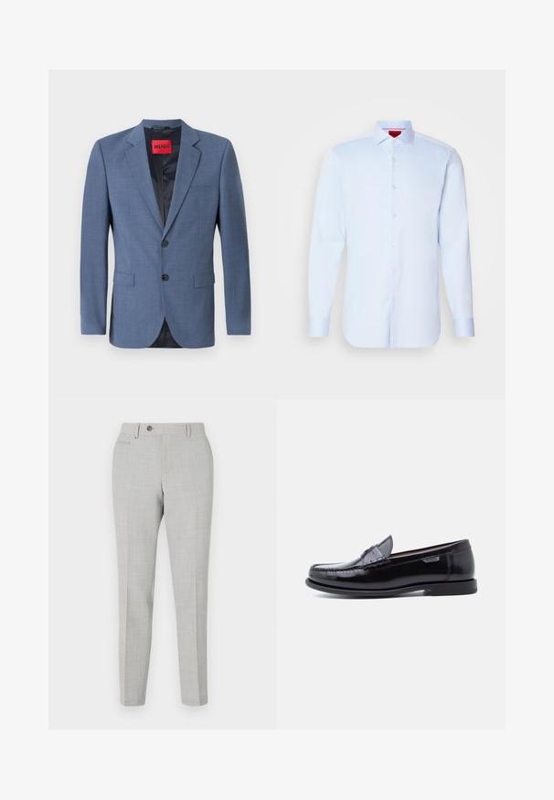 Blazer ajustado de color azul claro con cierre de dos botones, solapas con muesca y bolsillos laterales. Cuenta con un forro negro y una etiqueta de marca roja.; Camisa de botones de manga larga en azul claro con cuello extendido, dobladillo redondeado y botones blancos. Tejido suave con un brillo sutil.; Pantalones grises a medida con un sutil patrón de cuadros, fabricados en una tela ligera. Cuentan con un cierre de botón y bolsillos laterales. Silueta ajustada.; Mocasines de cuero negro con acabado brillante, que presentan un diseño cosido en la puntera y una suela baja de goma negra texturizada.
