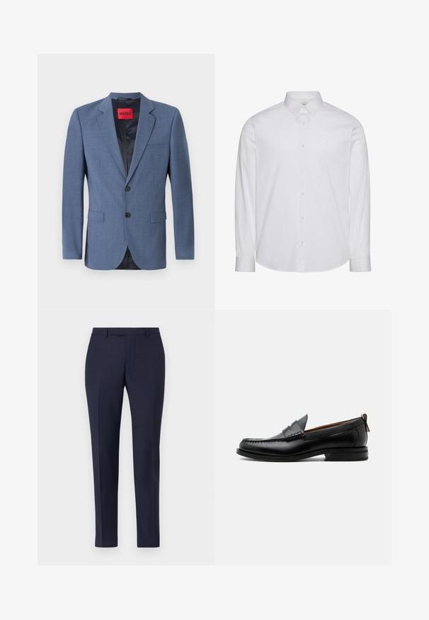 Blazer ajustado de color azul claro con cierre de dos botones, solapas con muesca y bolsillos laterales. Cuenta con un forro negro y una etiqueta de marca roja.; Camisa blanca de manga larga con botones, hecha de algodón. Presenta un cuello estándar, tapeta frontal con botones y dobladillo redondeado. Logo de la marca discreto.; Pantalones de traje azul marino con un diseño elegante, frente plano, piernas estrechas y sin herrajes o patrones visibles. Textura de tela suave.; Mocasín de hombre de piel negra con costura moc toe, tira penny, cuello texturizado y tacón bajo apilado sobre fondo blanco.