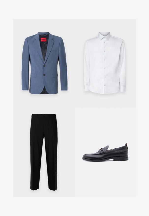Blazer ajustado de color azul claro con cierre de dos botones, solapas con muesca y bolsillos laterales. Cuenta con un forro negro y una etiqueta de marca roja.; Camisa blanca de manga larga hecha de tela suave, con un cuello clásico, tapeta de botones y puños con botones, presentada sobre un fondo liso.; Pantalones negros de tela suave, con corte recto, dos bolsillos frontales y cremallera con cierre de botón.; Mocasín de cuero negro con empeine gris texturizado, detalle de hebilla metálica plateada, tacón bajo y lengüeta para tirar en la parte trasera.