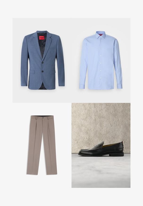 Lyseblå skræddersyet blazer med to-knaps lukning, rullekraver og sidelommer. Har en sort foring og et rødt mærke.; Lyseblå langærmet skjorte lavet af bomuld, med klassisk krave og knaplukning foran med hvide knapper. Glat tekstur.; Lysebrune herrebukser med bæltestropper, plisseringer, knaplukning foran og lynlås, lagt fladt på en hvid baggrund.; Sort læder herreloafer med krokodillepræget forstykke og lav hæl, vist i profil på en neutral baggrund.