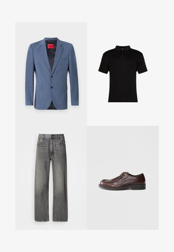 Blazer ajustado de color azul claro con cierre de dos botones, solapas con muesca y bolsillos laterales. Cuenta con un forro negro y una etiqueta de marca roja.; Polo negro de tela suave, con cuello de solapa, tapeta con tres botones y un pequeño logo en el lado izquierdo del pecho.; Jeans de pierna ancha en denim gris oscuro con acabado descolorido. Cuenta con el diseño clásico de cinco bolsillos y trabillas para cinturón.; Zapato de vestir de cuero marrón con punta redonda, acentos de costura mínimos y una suela negra resistente. Presenta un cierre con cordones y una textura suave.
