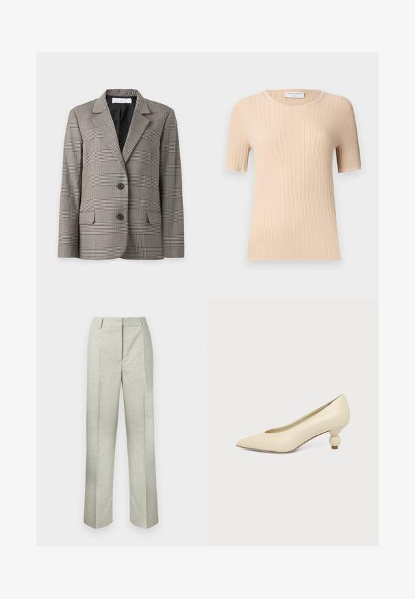 Blazer simple boutonnage avec boutons noirs, motif à carreaux beige et noir, revers crantés et poches à rabat, présenté sur fond blanc.; Haut en maille côtelé beige à manches courtes, col rond, coupe ajustée et étiquette "Tiger of Sweden" visible à l'intérieur du col.; Pantalons plissés gris clair en tissu texturé, présentant une coupe droite et une taille plate sans fermetures visibles.; Chaussure femme couleur crème à bout pointu avec un petit talon rond en forme de boule, sur fond uni.