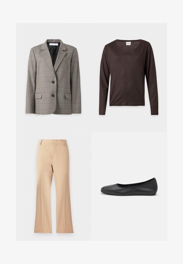 Blazer simple boutonnage avec boutons noirs, motif à carreaux beige et noir, revers crantés et poches à rabat, présenté sur fond blanc.; Chemise à manches longues marron foncé avec encolure ronde, ourlet droit et une petite étiquette blanche indiquant "CLOSED" à l’intérieur du col.; Pantalons larges beiges avec une texture lisse, dotés d'une taille mi-haute et de plis avant nets. Design simple, sans ornementation visible.; Ballerines en cuir noir avec un bout rond, texture lisse, détails de couture minimalistes et design de semelle flexible.