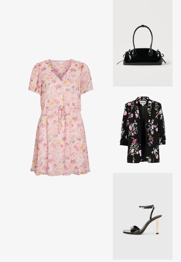 Blazer noir à manches retroussées avec un motif floral rose, blanc et vert, devant ouvert, étiquette de marque "PIECES" à l'intérieur du col.; Robe courte rose à manches courtes avec col en V, imprimé floral jaune, vert et rouge, et lien de serrage à la taille.; ALDO ILLUSTRIOUS - Sandales à talons hauts - black; Petit sac à main noir brillant avec deux longues anses et des détails à cordon sur les côtés sur un fond clair uni.