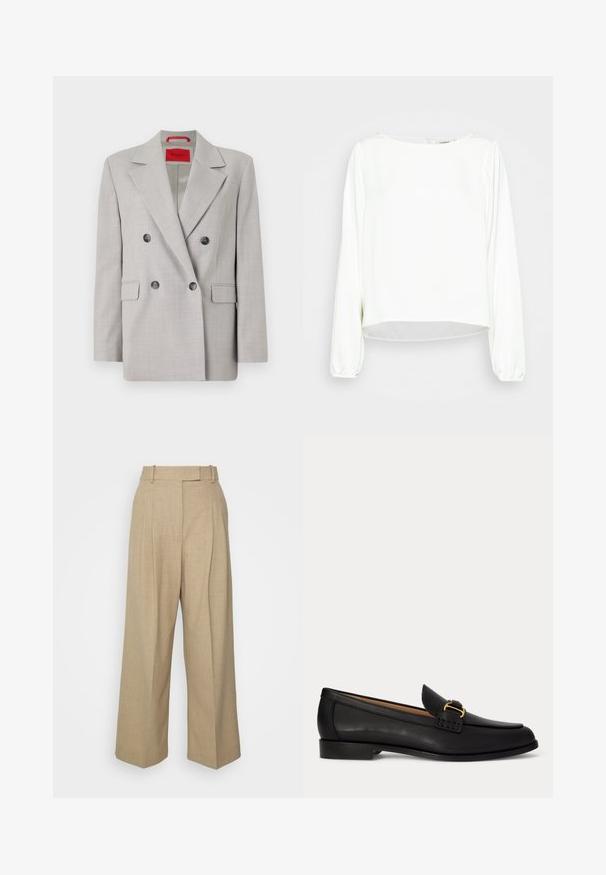 Lys grå dobbeltrækket blazer lavet af et tekstureret stof, med reverskrave, to frontlommer og sorte knapper.; Another-Label MAJA SHINY - Bluse - off-white; Beige vidde benbukser med høj talje, lavet af tekstureret stof. Har forfald og bæltestropper, hvilket giver et skræddersyet udseende.; Sort læderloafer med lille hæl og dekorativt gyldent spænde foran, vist fra siden på en hvid baggrund.