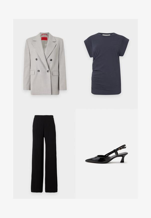Lys grå dobbeltrækket blazer lavet af et tekstureret stof, med reverskrave, to frontlommer og sorte knapper.; Marineblå t-shirt lavet af bomuld, med en afslappet pasform, korte dolmansleeves og en subtil samling i siden for tekstur.; Sorte bukser med vidde i benene, lavet af blødt stof med elastisk talje, kendetegnet ved et enkelt design uden synlige mønstre eller detaljer.; Sort laklæderslingback med lille hæl, spids tå og justerbar guldlåsrem på hvid baggrund.