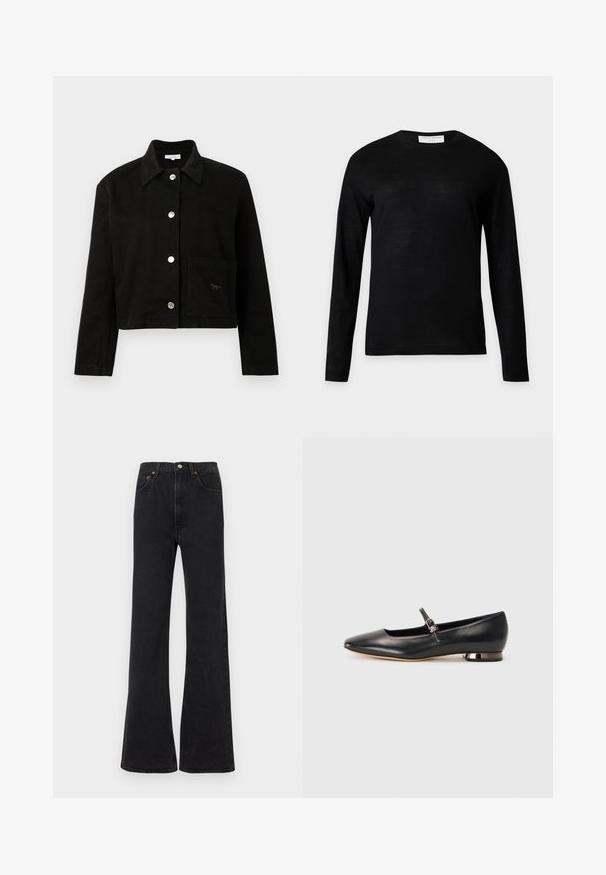 Veste noire cropped avec un col, des manches longues, des boutons-pression en métal argenté sur le devant et une poche carrée sur le bas du côté droit.; Pull noir à manches longues col rond avec une petite étiquette blanche au niveau du col arrière, présenté sur un fond gris clair uni.; Jean noir évasé à taille haute, en denim. Comprend cinq poches et des accents de coutures orange. Texture lisse avec une coupe classique.; Ballerine plate noire en cuir avec un bout pointu, une fine bride à la cheville et un petit talon block métallique. Texture lisse, sans motifs visibles.