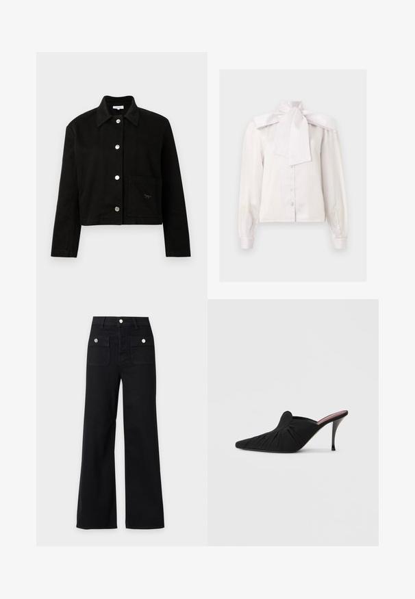 Veste noire cropped avec un col, des manches longues, des boutons-pression en métal argenté sur le devant et une poche carrée sur le bas du côté droit.; Blouse blanche à manches longues avec boutons, à fines rayures verticales et grand nœud décoratif au col haut.; Pantalon noir à jambes larges, taille haute, deux poches avant à rabat avec boutons argentés, passants de ceinture et fermeture frontale à boutons.; Mule noir à talon haut avec bout pointu, tissu doux à texture froncée sur le devant et talon aiguille fin.