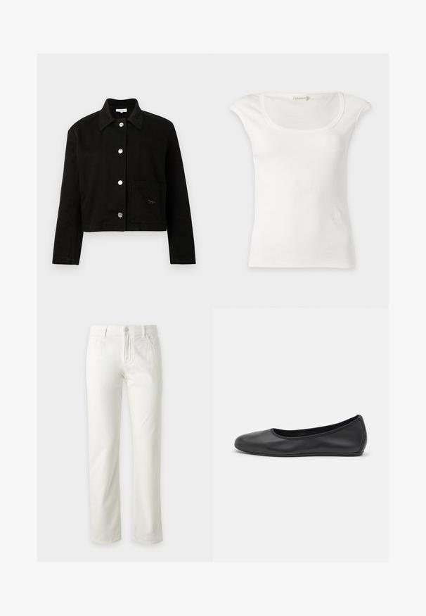 Μαύρο cropped σακάκι με γιακά, μακριά μανίκια, ασημένια κουμπιά snap κατά μήκος του μπροστινού μέρους και τετράγωνη τσέπη στην κάτω δεξιά πλευρά.; Λευκό ριμπ αμάνικο τοπ με στρογγυλή λαιμόκοψη και μικρούς ώμους, εμφανιζόμενο σε απλό φωτεινό φόντο.; Λευκό τζιν με ίσια γραμμή, κουμπί και φερμουάρ μπροστά, θηλάκια για ζώνη και μπροστινές τσέπες, τοποθετημένο σε απλό ανοιχτό φόντο.; Μαύρο δερμάτινο μπαλαρίνι με στρογγυλή μύτη, λεία υφή, ελάχιστες λεπτομέρειες ραφής και σχεδίαση ευέλικτης σόλας.