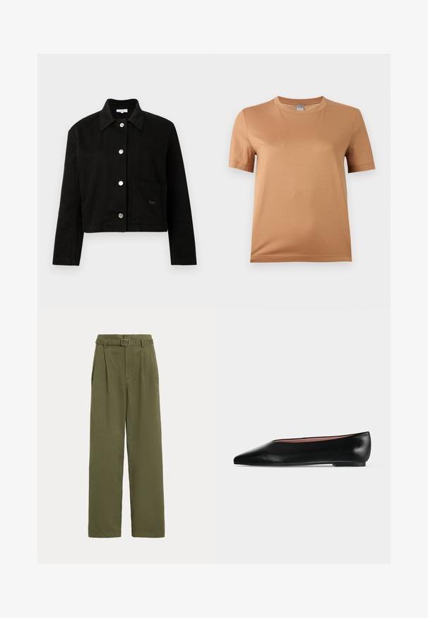 Μαύρο cropped σακάκι με γιακά, μακριά μανίκια, ασημένια κουμπιά snap κατά μήκος του μπροστινού μέρους και τετράγωνη τσέπη στην κάτω δεξιά πλευρά.; Μπεζ κοντομάνικη μπλούζα με στρογγυλή λαιμόκοψη και μικρή γκρι ετικέτα με την ένδειξη "MM" στην περιοχή του λαιμού, εμφανίζεται σε φωτεινό φόντο.; Ψηλόμεσο ελιάς πράσινο παντελόνι με φαρδιά μπατζάκια, πτυχώσεις στο μπροστινό μέρος και ζώνη από ίδιο ύφασμα με ορθογώνια μεταλλική αγκράφα.; Μαύρο δερμάτινο γυναικείο παπούτσι με χαμηλό τακούνι και μυτερή μύτη, εμφανιζόμενο πλάγια σε απλό ανοιχτό γκρι φόντο.