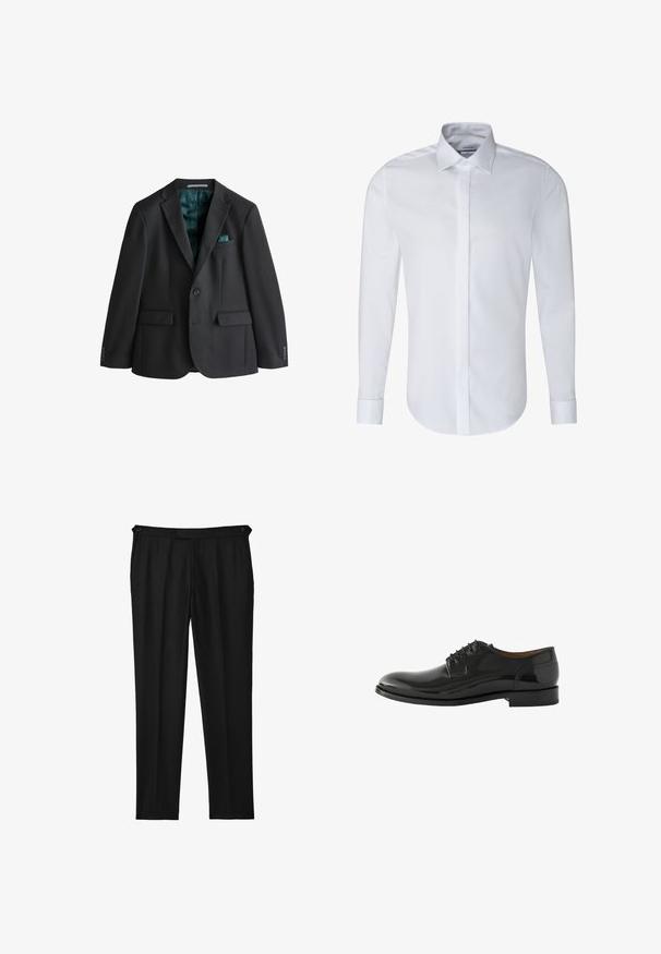 Blazer noir en tissu lisse, doté d'un col à revers cranté, de deux poches avant, d'une poche poitrine avec un mouchoir de poche turquoise et d'une doublure turquoise.; Chemise blanche à manches longues en mélange de coton. Elle présente un col classique, une patte de boutonnage et un ourlet arrondi avec des poignets ajustables.; Pantalons noirs ajustés avec une texture lisse, dotés d'une fermeture à bouton et de jambes droites. Pas de poches visibles ni de motifs.; Chaussures habillées en cuir noir avec une finition brillante, bout rond et laçage à cinq œillets. Talon plat et détails de design minimalistes.