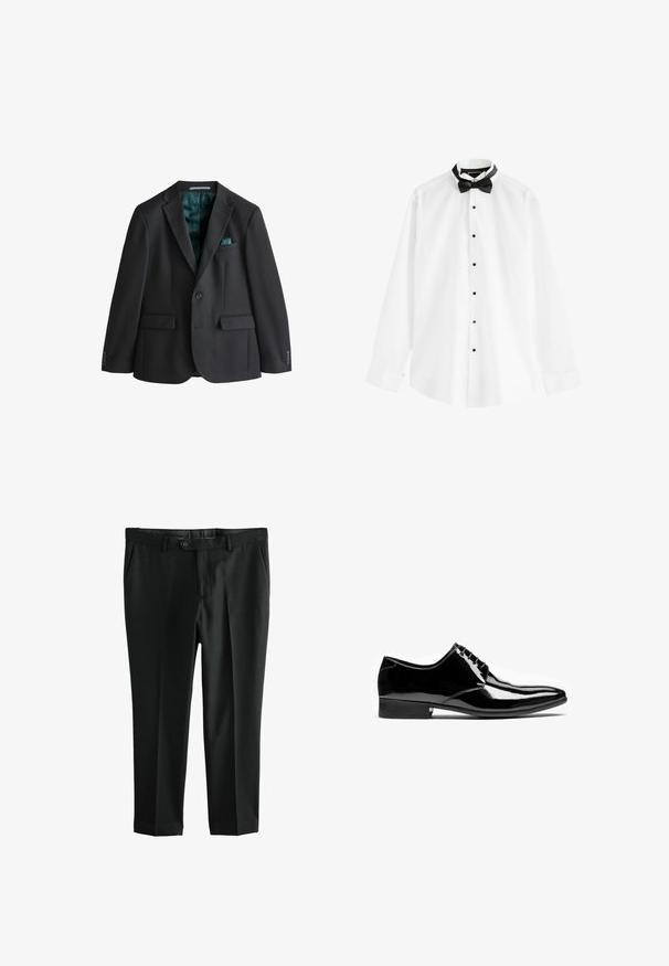 Blazer noir en tissu lisse, doté d'un col à revers cranté, de deux poches avant, d'une poche poitrine avec un mouchoir de poche turquoise et d'une doublure turquoise.; Chemise blanche à manches longues avec des boutons noirs et un nœud papillon noir pré-noué sur fond blanc.; Pantalon formel noir avec fermeture à bouton et fermeture éclair, poches avant et passants de ceinture sur fond blanc.; Chaussure formelle noire en cuir brillant pour homme avec lacets, bout pointu et petit talon empilé sur fond blanc.