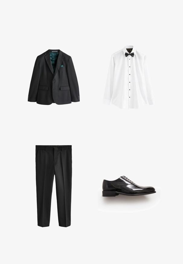 Blazer noir en tissu lisse, doté d'un col à revers cranté, de deux poches avant, d'une poche poitrine avec un mouchoir de poche turquoise et d'une doublure turquoise.; Chemise blanche à manches longues avec boutons noirs et un nœud papillon noir sur fond blanc uni.; Pantalons noirs au design droit, avec un devant plat, des poches latérales et une apparence lisse et taillée. Fabriqués en tissu léger.; Chaussure habillée noire avec une finition en cuir verni lisse et brillant. Dispose de six œillets pour les lacets et d'un petit talon empilé. Forme de pointe arrondie classique.