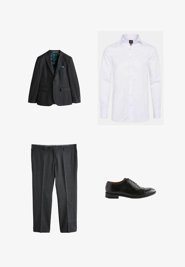Blazer noir en tissu lisse, doté d'un col à revers cranté, de deux poches avant, d'une poche poitrine avec un mouchoir de poche turquoise et d'une doublure turquoise.; Chemise blanche à manches longues avec un col classique, fermeture à boutons, fabriquée en tissu lisse ; présente une finition subtilement texturée et des poignets standards.; Pantalon de costume formel gris foncé avec fermeture à bouton et fermeture éclair à l'avant, passants pour ceinture et poches latérales, présenté à plat sur un fond blanc.; Chaussure habillée en cuir noir avec un bout arrondi, une surface lisse et un design à lacets. Dispose d'un talon bas et de détails de couture subtils.