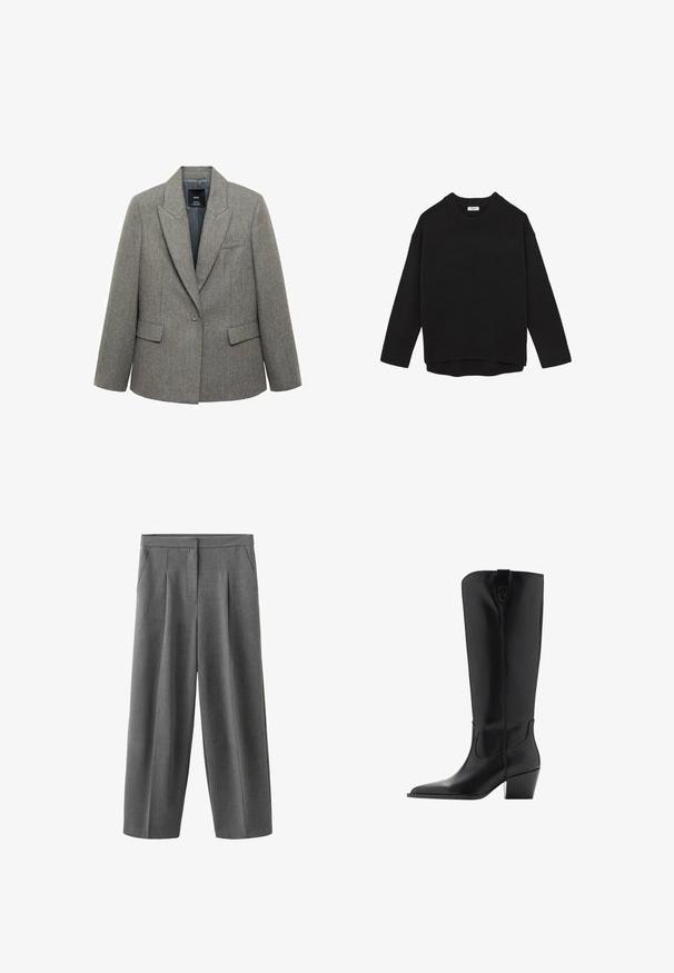 Grijze tweed blazer met een geknipt kraag, enkele knoopsluiting, voorzakken en een gladde voering. Heeft een subtiel gestreept patroon.; Zwarte gebreide trui met lange mouwen, een ronde hals en geribde boorden en zoom, met een iets langere achterkant.; Grijze wijde broek met plooien aan de voorkant, zijzakken en een hoge taille, gemaakt van een gladde, gestructureerde stof.; Hoge zwarte leren laars met puntige neus en middelhoog schuin hakje, met een trekbandje bovenaan de schacht.