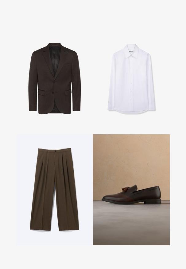 Matinique MAGEORGE - Veste de costume - espresso; Chemise blanche à manches longues avec col pointu, présentée à plat sur un fond blanc.; Pantalon marron à jambes larges avec fines rayures verticales, fermeture à boutons, passants pour ceinture et plis à l'avant.; Mocassin en cuir marron foncé avec des pampilles flottant au-dessus d’un tapis beige tissé, avec une table ronde en bois et des livres empilés en arrière-plan.