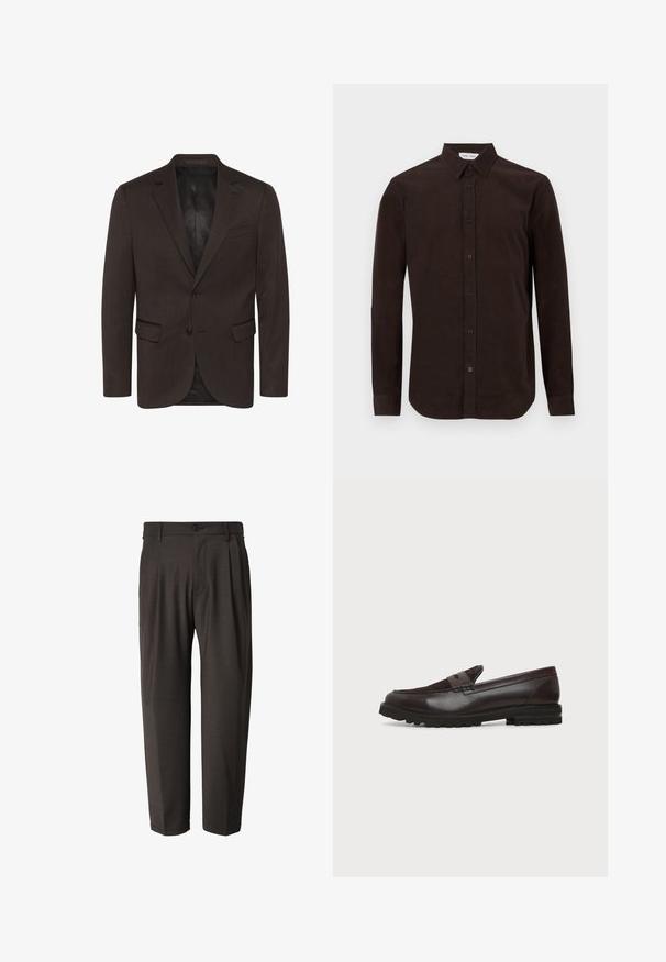 Matinique MAGEORGE - Veste de costume - espresso; Chemise marron à manches longues en coton, avec un col boutonné, une fermeture à boutons sur le devant, et un ourlet droit avec des côtés arrondis.; Pantalon sur mesure gris foncé avec plis sur le devant, passants pour ceinture, fermeture par bouton et coupe droite.; Mocassin penny en cuir et daim marron foncé avec semelle épaisse en caoutchouc noir, profil latéral sur fond blanc.