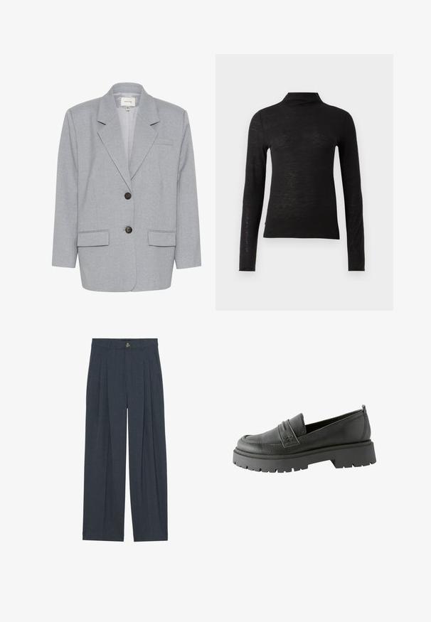 Gestuz PAULIA - Blazer - greyblue melange; Schwarzes langärmliges Turtleneck-Oberteil aus einem strukturierten Material, mit schlankem Schnitt und minimalistischer Gestaltung ohne sichtbare Muster oder Hardware.; Weite Hosen aus strukturiertem dunkelgrauem Stoff, mit vorderen Falten, einem Knopfverschluss und seitlichen Taschen für zusätzlichen Komfort.; Schwarze Lederloafer mit strukturiertem Finish, auffälligen Stichdetails und dicker schwarzer Gummisohle mit rutschfestem Muster.