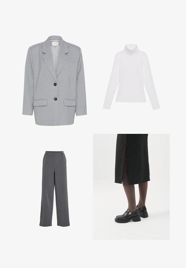 Gestuz PAULIA - Blazer - greyblue melange; Weißes Langarm-Turtleneck-Oberteil aus glattem, elastischem Stoff. Mit hohem Kragen und tailliertem Schnitt, ohne sichtbare Muster oder Verzierungen.; Hellgraue, hochgeschnittene Weitbein-Hosen mit Gürtelschlaufen und Seitentaschen, entwickelt für eine lockere, bequeme Passform.; Frau trägt schwarze Loafers mit klobigem Absatz, schwarze transparente Strumpfhosen und einen schwarzen Rock mit Schlitz hinten vor weißem Hintergrund.