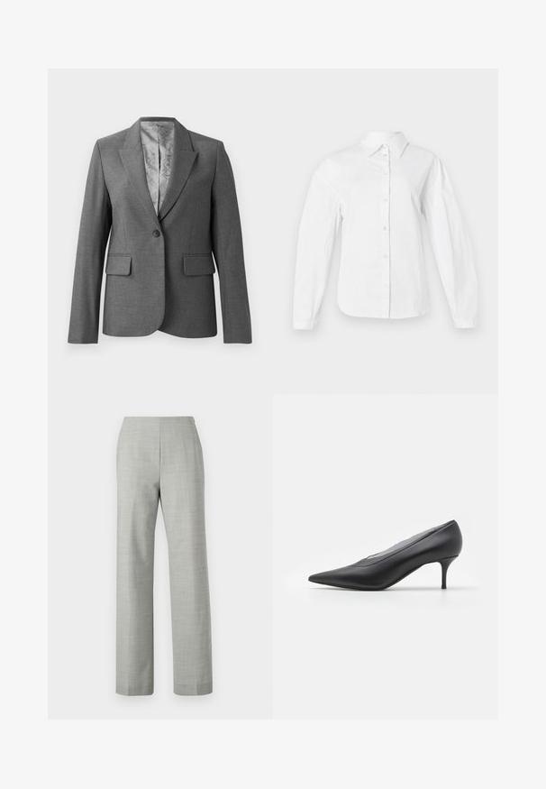 Grå skræddersyet blazer med spidse lapels, enkelt knaplukning, to forlommer og et glat mønstret foer. Standard pasform med lange ærmer.; Hvid skjorte med knapper lavet af glat bomuldsstof, med klassisk krave, lange ærmer og lige snit med knaplukning foran.; Grå skræddersyede bukser med lige ben, lavet af et struktureret stof. Har en glat talje og en ren, minimalistisk finish.; Sorte spidse højhælede sko lavet af glat læder. Har en slank hæl og et minimalistisk design uden synlige udsmykninger.