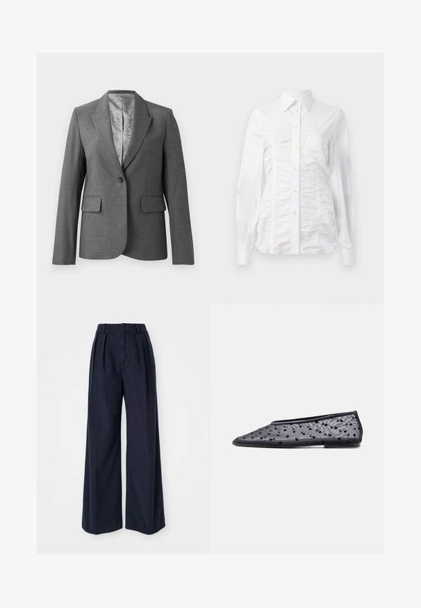 Grijze op maat gemaakte blazer met notch revers, enkele knoopsluiting, twee voorzakken en een gladde, gestreepte voering. Standaard pasvorm met lange mouwen.; Witte button-up blouse met lange mouwen, voorzien van een gerimpelde textuur aan de voorkant, kleine gouden knopen en een standaard kraag.; Donkerblauwe wijde broek gemaakt van katoen, met plooien aan de voorkant, een hoge taille en een ritssluiting met knoopsluiting.; Zwarte platte schoen met puntige neus, doorschijnende stof en zwart polkadotpatroon op een lichte achtergrond.