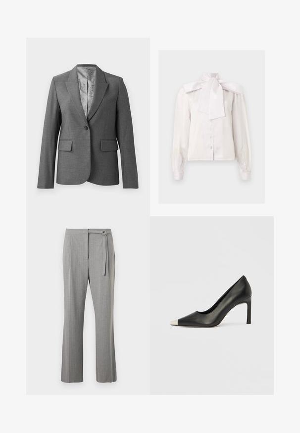 Grå skræddersyet blazer med spidse lapels, enkelt knaplukning, to forlommer og et glat mønstret foer. Standard pasform med lange ærmer.; Hvid langærmet bluse med knapper og diskrete lodrette striber samt en stor sløjfedetalje ved den høje hals.; Grå skræddersyede bukser med lige ben, flad front og et stofbælte med en sølvfarvet D-ring spænde ved taljen.; Sort læder højhælet sko med spids tå og metal-sølv hætte. Har en glat finish og en slank hæl på 10 cm.