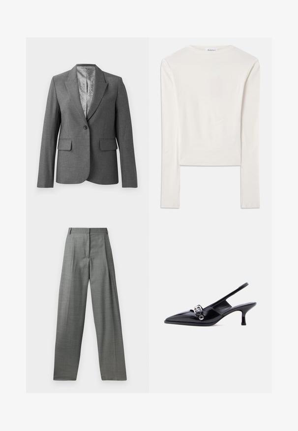 Γκρι tailored σακάκι με αυλακώσεις, κλείσιμο με ένα κουμπί, δύο μπροστινές τσέπες και απαλή επένδυση με σχέδιο. Κανονική εφαρμογή με μακριά μανίκια.; Λευκή μπλούζα μακρύς μανίκι από βαμβάκι, με απλό γιακά και slim fit. Το ύφασμα είναι λείο με ελαφριά ελαστικότητα.; Γκρίζες κομμένες παντελόνες με ψηλή μέση, πτυχές μπροστά και φαρδιά γραμμή. Φτιαγμένες από υφασμάτινη επιφάνεια με υφή, διαθέτουν ζώνες και λεία ραφή.; Μαύρο γυαλιστερό δερμάτινο γοβάκι με λουράκι στο πίσω μέρος, μυτερή μύτη και ασημένια αγκράφα σε απλό λευκό φόντο.