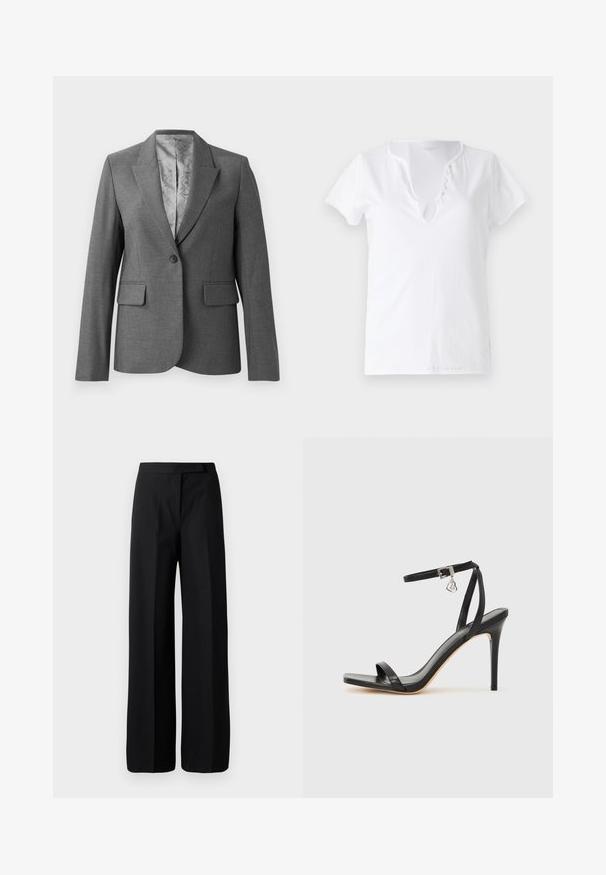 Grijze op maat gemaakte blazer met notch revers, enkele knoopsluiting, twee voorzakken en een gladde, gestreepte voering. Standaard pasvorm met lange mouwen.; Witte katoenen t-shirt met korte mouwen, een losse pasvorm en een V-halslijn met een patte met vijf decoratieve knopen.; Wijde zwarte broek met een gladde, matte textuur. Plat tailleband zonder zichtbare hardware of patronen. Eenvoudig en elegant ontwerp.; Zwarte sandaal met hoge hak, smalle enkelband, vierkante neus, soepel leermateriaal en metalen gespsluiting.
