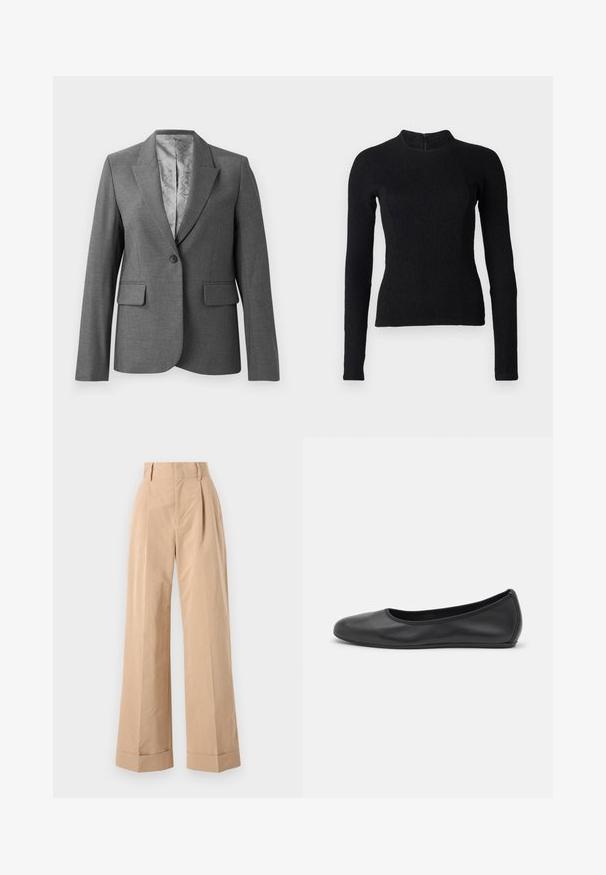 Grijze op maat gemaakte blazer met notch revers, enkele knoopsluiting, twee voorzakken en een gladde, gestreepte voering. Standaard pasvorm met lange mouwen.; Zwarte lange mouwen top met een strakke pasvorm, textuurstof en een hoge halslijn. Voorzien van een verborgen rits aan de achterkant voor sluiting.; Beige wijde broek met hoge taille, voorzien van plooien en een gladde textuur. De mouwen zijn omgevouwen, wat een gestructureerd detail toevoegt.; Zwarte leren ballerina met een ronde neus, gladde textuur, minimale stikdetails en een flexibele zoolontwerp.
