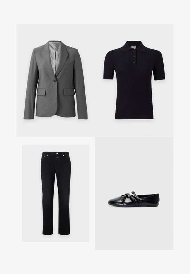 Grå skræddersyet blazer med spidse lapels, enkelt knaplukning, to forlommer og et glat mønstret foer. Standard pasform med lange ærmer.; Sort kortærmet polo-shirt med tre-knaps placket og krave, vist mod en ensfarvet lys baggrund.; Sorte jeans med lige ben, fem lommer, knaplukning og bæltestropper, vist på en hvid baggrund.; Sorte læder balletflader med spidse tæer, to dekorative stropper med sølvspænder og en glat, blank overflade.