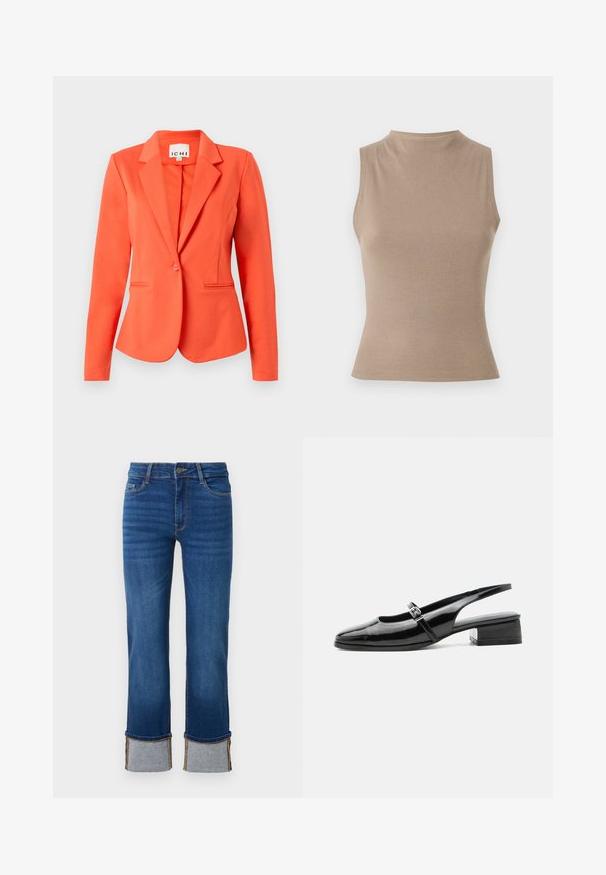 Enkeltknappet tætsiddende lyse orange blazer med reverskrave og to forlommer på ensfarvet baggrund.; Beige ærmeløs top med høj hals, ribbet struktur og tætsiddende design. Minimalistisk stil uden synlige dekorationer.; Blå denimjeans med lige ben, der har opkrøllede manchetter i lys grå. Mellemhøj talje og traditionelt fem-lomme design.; Sort laklæderslingback-sko med lav blokhæl og tynd rem med sølvspænde over toppen.