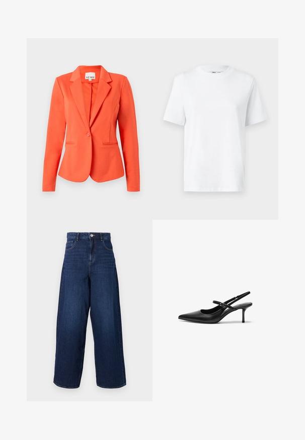 Feloranje blazer met één knoop, reverskraag en twee voorste paspelzakken op een effen achtergrond.; Witte katoenen T-shirt met ronde hals, korte mouwen en een gladde textuur. Ontworpen met een comfortabele en veelzijdige relaxte pasvorm.; Wijdvallende donkerblauwe denim jeans met een hoge taille, vijf zakken en een knoopsluiting. De stof heeft een gladde textuur met subtiele vervaging.; Zwarte leren slingback hakken met een puntige neus, slanke verstelbare band en een ongeveer 5 cm hoge stiletto hak, met een gladde textuur.