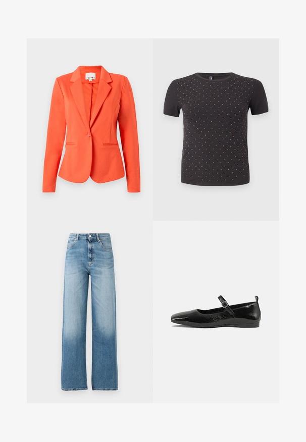 Enkeltknappet tætsiddende lyse orange blazer med reverskrave og to forlommer på ensfarvet baggrund.; Sort kortærmet t-shirt lavet af ribbet stof, med et mønster af små, glitrende dekorationer jævnt fordelt over forsiden.; Lysblå, vide jeans med høj talje. Lavet af denim, med knaplukning og fem lommer. Fades mod bunden.; Sorte patentlæder flade sko med spidse tæer, en ankelrem med spænde og en glat, blank tekstur. Lav hæl for komfort.