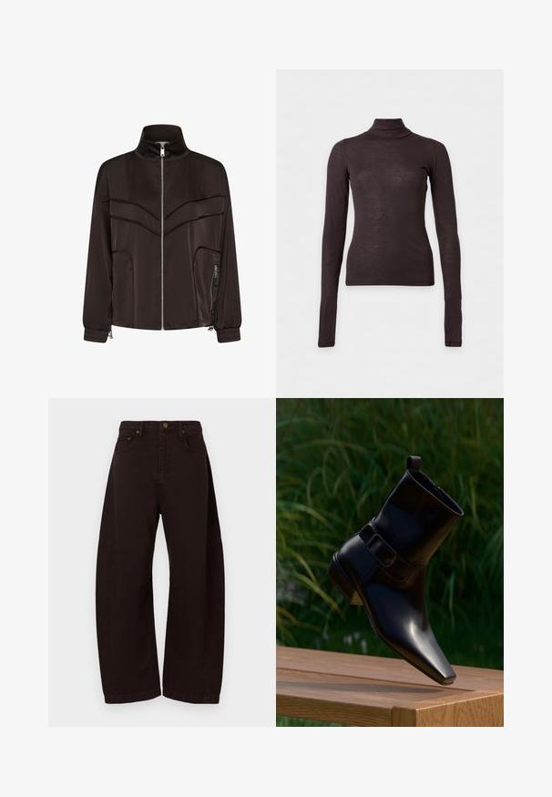 Veste noire zippée avec col montant, poignets élastiques, poche zippée devant et détail de couture angulaire sur la poitrine.; Pull col roulé marron foncé à manches longues, coupe ajustée et tissu léger sur un fond clair uni.; Pantalon large noir en denim, avec une taille haute, une fermeture par bouton métallique et des poches latérales. Texture lisse, coupe droite.; Bottine noire en cuir avec bout carré et boucle latérale, positionnée au-dessus d’un banc en bois avec un fond d’herbe verte.