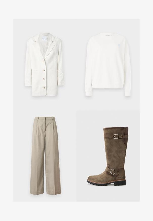 Blazer blanc en tissu léger, présentant un design à boutonnage simple, des revers crantés et trois boutons à l'avant avec des boutonnières assorties.; Sweatshirt blanc en tissu doux, avec un col rond, des manches longues, des poignets côtelés et un petit logo bleu sur la poitrine.; Pantalons larges beiges en tissu lisse, dotés d'une taille ajustée, de plis et d'une coupe ample au niveau des jambes. Design simple et lignes épurées.; Botte en suède marron, haute, avec une texture lisse, des détails avec boucle et une semelle en caoutchouc. Présente des coutures renforcées et un design droit et vertical.