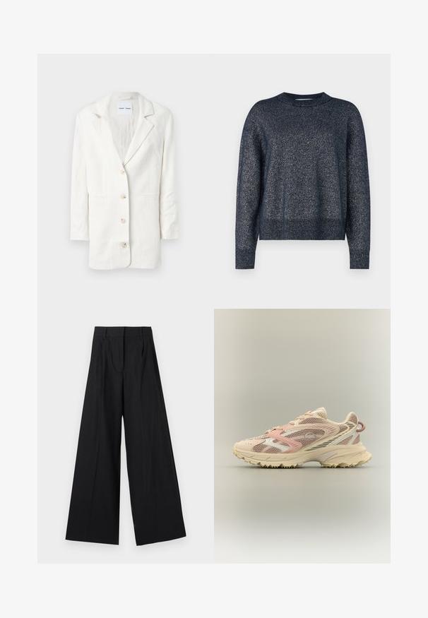 Blazer blanc en tissu léger, présentant un design à boutonnage simple, des revers crantés et trois boutons à l'avant avec des boutonnières assorties.; Pull en maille bleu marine avec un col rond, des manches longues et une finition texturée avec des fils métalliques subtils.; Pantalons large en noir avec un motif à rayures. Fabriqués dans un matériau lisse, avec une taille haute et des plis à l'avant.; Chaussure de running avec des mailles et des superpositions synthétiques rose, beige et crème, semelle épaisse et semelle extérieure texturée pour l'adhérence, vue de côté.