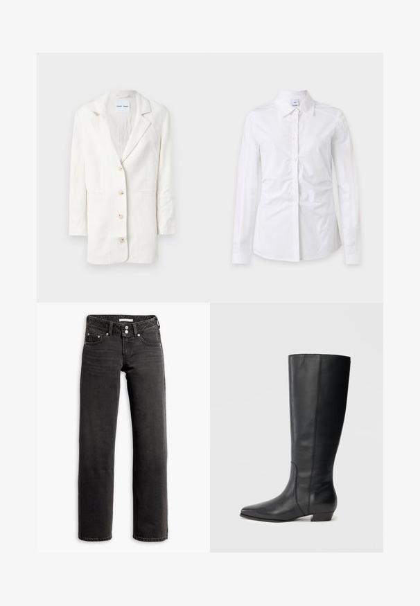 Blazer blanc en tissu léger, présentant un design à boutonnage simple, des revers crantés et trois boutons à l'avant avec des boutonnières assorties.; Chemise blanche à manches longues avec boutons et col, tissu légèrement froissé et étiquette de marque visible à l'intérieur du col.; Jean noir à jambe droite avec poches avant et arrière, passants de ceinture et fermeture à double bouton à la taille.; Bottes en cuir noires montant jusqu'aux genoux, avec bout pointu et talon bas carré, présentant une texture lisse et un design épuré et élégant.