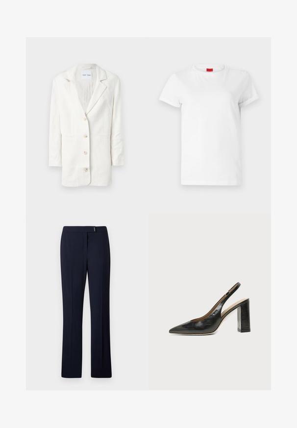 Blazer blanc en tissu léger, présentant un design à boutonnage simple, des revers crantés et trois boutons à l'avant avec des boutonnières assorties.; T-shirt blanc à manches courtes en coton léger. Présente un col rond et des manches retroussées. Étiquette logo rouge sur le col.; Pantalons ajustés bleu marine en tissu lisse, présentant un devant plat, des jambes droites et une subtile touche argentée à la taille.; Chaussure slingback en cuir noir à bout pointu avec un talon bloc haut et une doublure intérieure beige sur un fond clair uni.