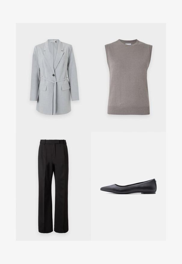 Blazer gris claro hecho de tela texturizada, que presenta un botón único, cuello de solapa y dos bolsillos frontales. Incluye un cinturón a juego.; Suéter de punto gris sin mangas con cuello y dobladillo acanalados. Textura suave, corte recto y diseño minimalista sin adornos.; Pantalones negros de talle alto, hechos de una tela suave, con un diseño de pierna recta, bolsillos laterales y un frente plano con pliegues.; Zapato plano de cuero negro con punta puntiaguda y tacón bajo, mostrado de perfil contra un fondo blanco.