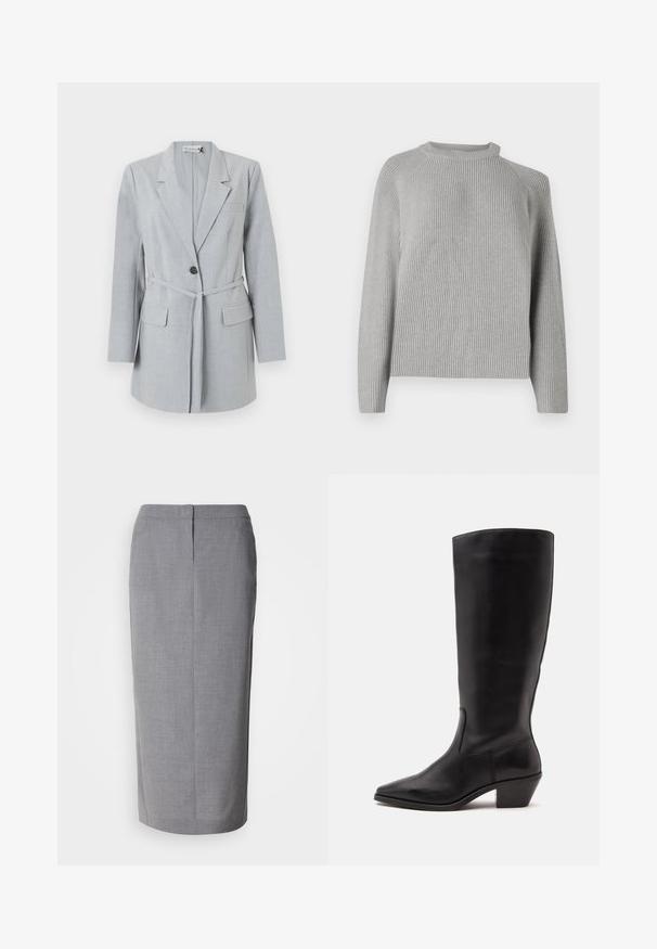 Lichtgrijze blazer van gestructureerde stof, met een enkele knoop, reverskraag en twee voorzakken. Inclusief een bijpassende riem.; Copenhagen Muse COLIN PULLOVER - Trui - light grey; Grijze kokerrok van gestructureerde stof, met een rechte snit, een split aan de achterkant en een verborgen ritsluiting aan de achterkant.; Zwarte leren laars tot half op de kuit met een puntige neus en een lage schuine hak op een effen lichte achtergrond.